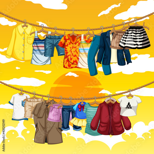 Many clothes hanging on a line on yellow sky background
