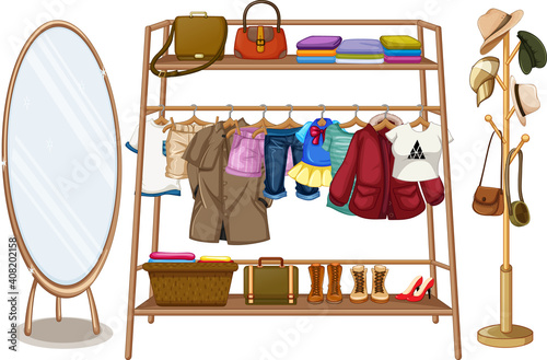 Clothes hanging on a clothesline with accessories on white background