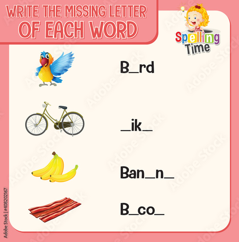 Write the missing letter of each word worksheet for children