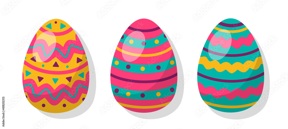 Set of Easter eggs on a white background in cartoon style. Happy Easter and Spring Holidays. Funny decorated multi-colored Easter eggs. Vector illustration
