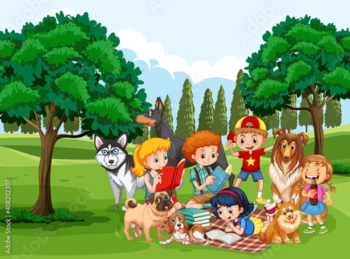 Park outdoor scene with many children and their pet