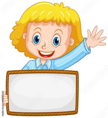 Blank sign template with cute girl on white background