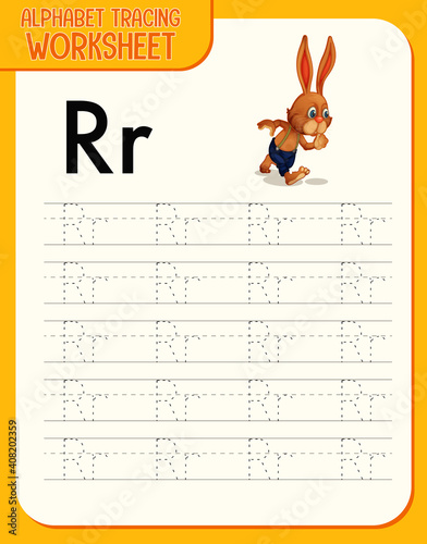 Alphabet tracing worksheet with letter R and r