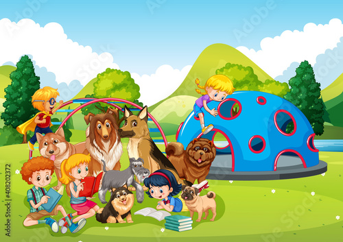 Playground outdoor scene with many children and their pet