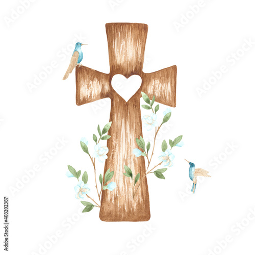 Leinwand Poster Watercolor wooden cross with blossoming tree branches and birds