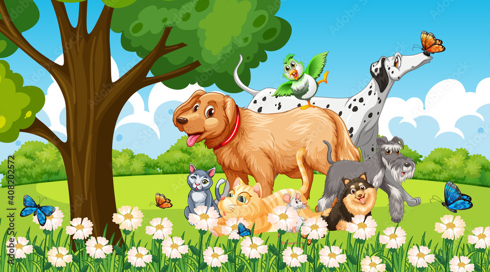 Obraz premium Group of pet in the park scene