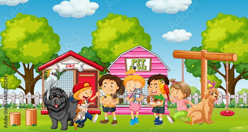 Group of pet with owner in playground scene