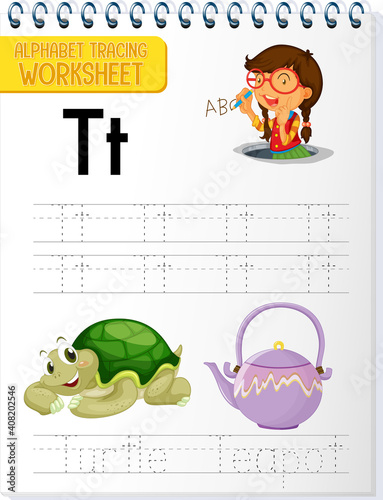 Alphabet tracing worksheet with letter T and t