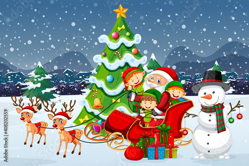 Santa Claus on sleigh with reindeer and many kids wear elf costume in snow scene