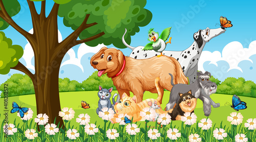 Group of pet in the park scene