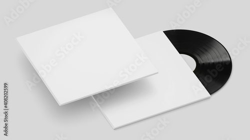 White Vinyl Record Mockup, Blank record album with disk 3d rendering isolated on light background