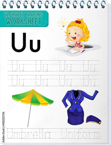 Alphabet tracing worksheet with letter U and u