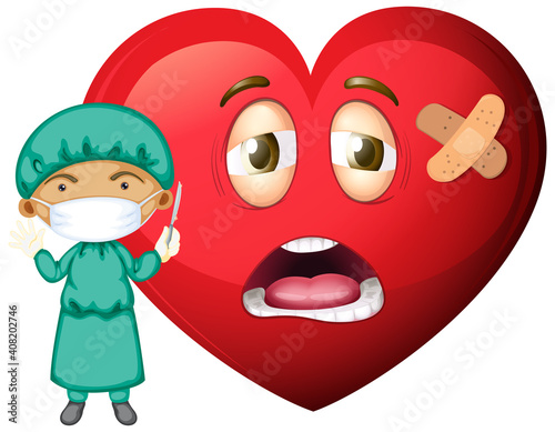 Sad heart emoticon with a doctor wearing mask cartoon character