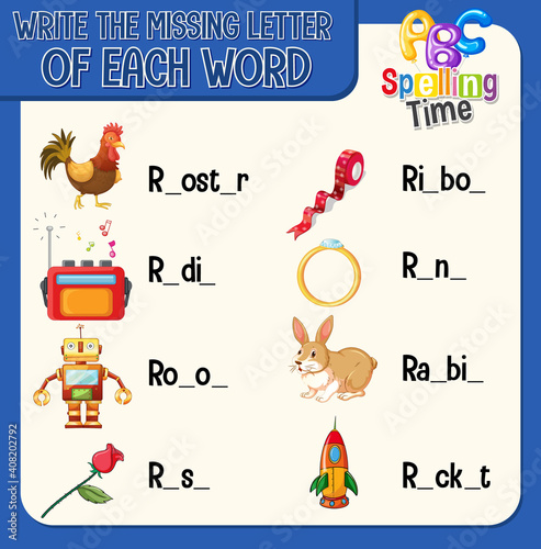 Write the missing letter of each word worksheet for children