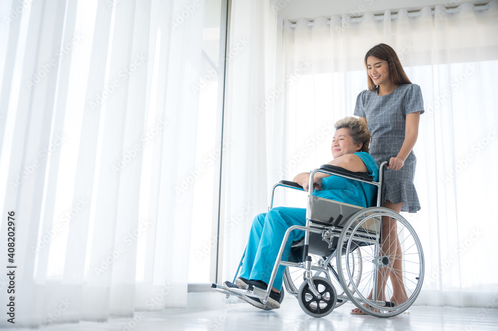 daughter visit disease woman patient in hospital, family health care and medicine concept daughter visit disease woman patient in hospital, family health care and medicine concept