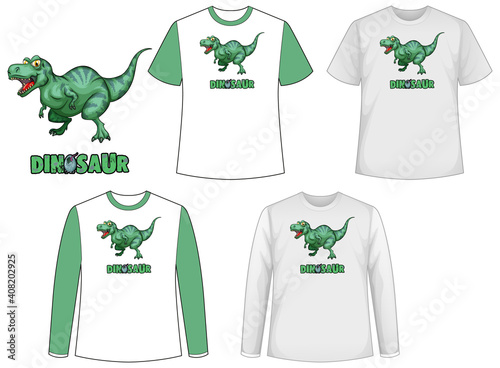 Set of different types of shirt in dinosaur theme with dinosaur logo