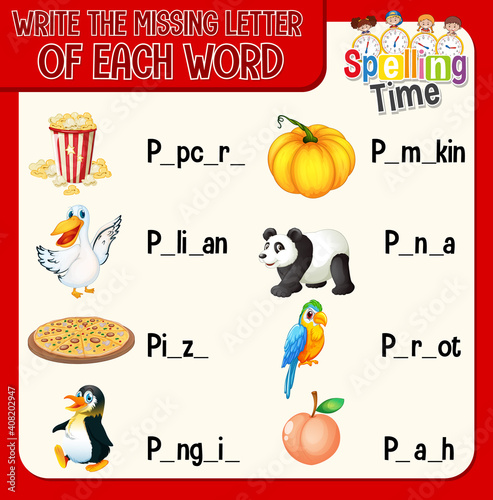 Write the missing letter of each word worksheet for children