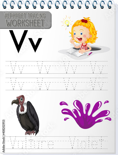 Alphabet tracing worksheet with letter V and v