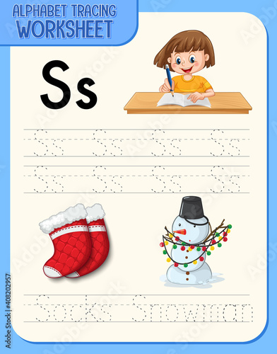 Alphabet tracing worksheet with letter S and s