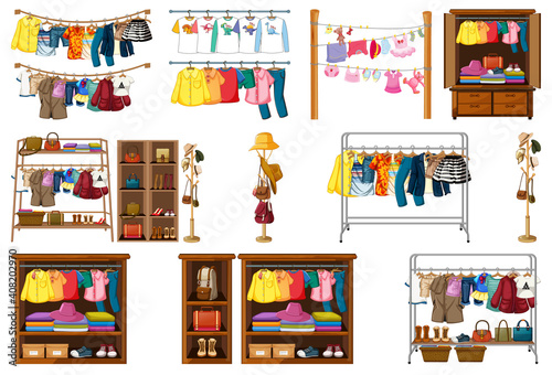 Set of clothes, accessories and wardrobe isolated on white background