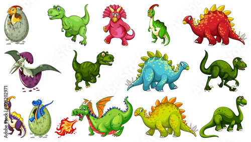 Set of different dinosaur cartoon character isolated on white background