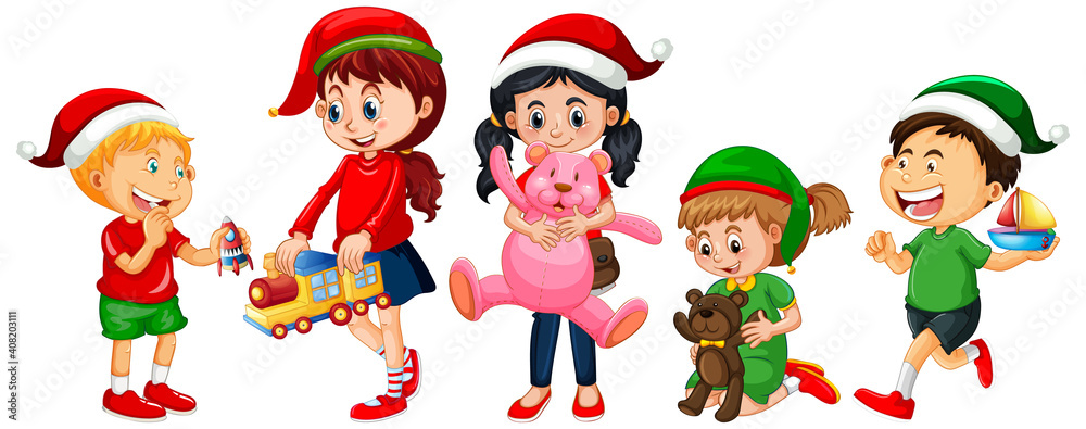 Different children wearing costume in Christmas theme and playing with thier toys isolated on white background