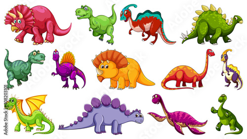 Set of different dinosaur cartoon character isolated on white background