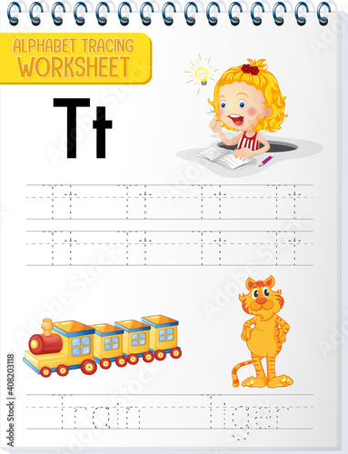Alphabet tracing worksheet with letter T and t