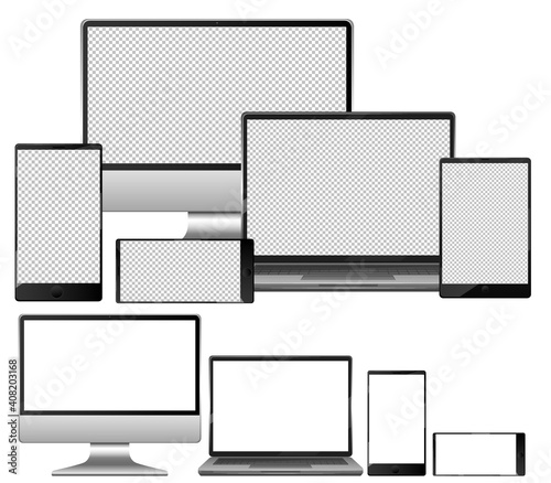 Set of electronic devices on white background