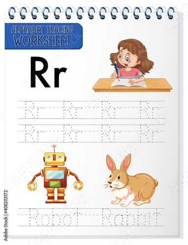 Alphabet tracing worksheet with letter R and r