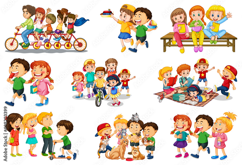 Set of different kid playing with their toys cartoon character isolated on white background Set of different kid playing with their toys cartoon character isolated on white background