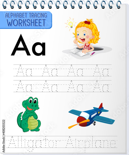 Alphabet tracing worksheet with letter and vocabulary