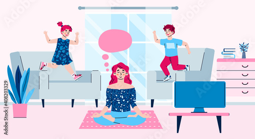 Mother tries to keep calm in pose yoga. Woman meditation in position lotus near running, quarrel and fighting children. Concept of right parenting and behavior. Vector illustration