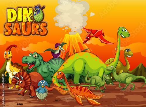 Dinosaurs cartoon character in nature scene photo