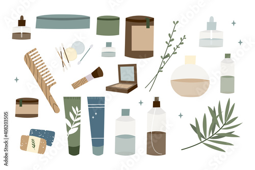 Natural skin care. Organic cruelty-free cosmetics. Vegan makeup. Herbal beauty products for face and body care. Vector flat cartoon illustration