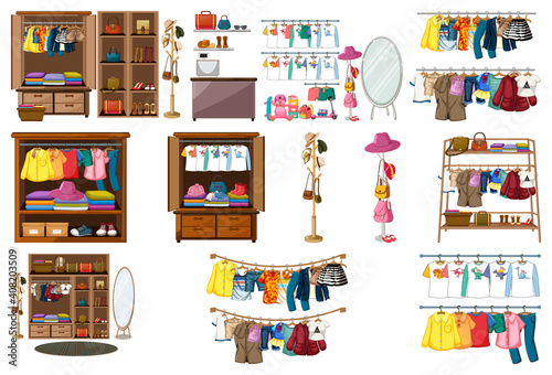 Set of clothes, accessories and wardrobe isolated on white background