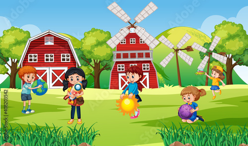 Scene with many children in the farm