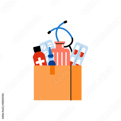 Charity donation box full of drugs and medications, flat vector illustration isolated on white background. Social medical support and providing drugs treatment.