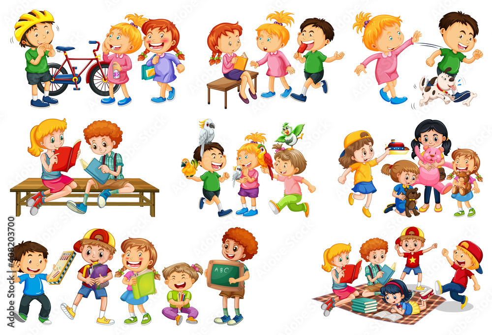 Fototapeta premium Set of different kid playing with their toys cartoon character isolated on white background