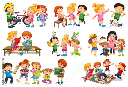 Set of different kid playing with their toys cartoon character isolated on white background