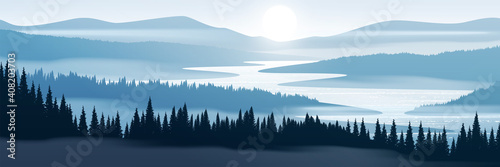 Vector illustration of mountain landscape. Pine forest and mountains in fog. 