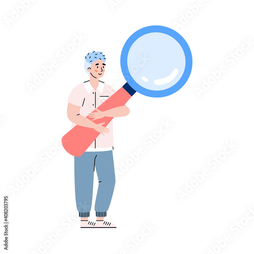 Man cartoon character with huge magnifier. Program tester or developer seeking error in computer software, flat cartoon vector illustration isolated on white background.