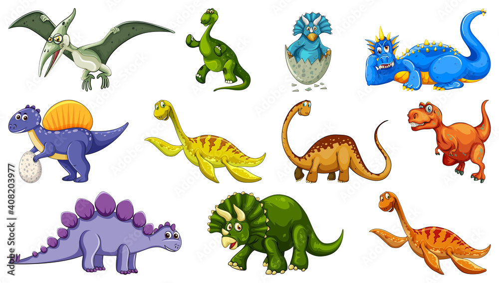 Set of different dinosaur cartoon character isolated on white background Set of different dinosaur cartoon character isolated on white background