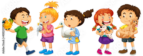 Group of young children cartoon character on white background