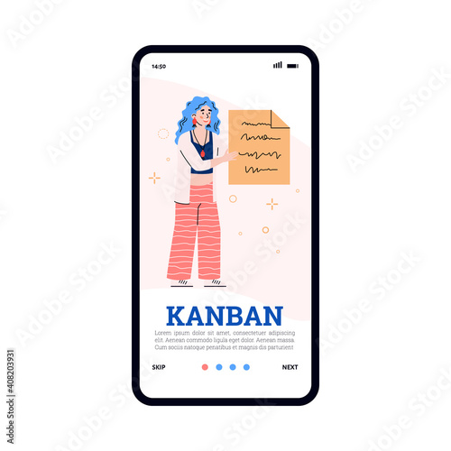 Kanban business manufacturing and management system onboarding screen template with woman holding instruction card or to-do list, cartoon vector illustration.