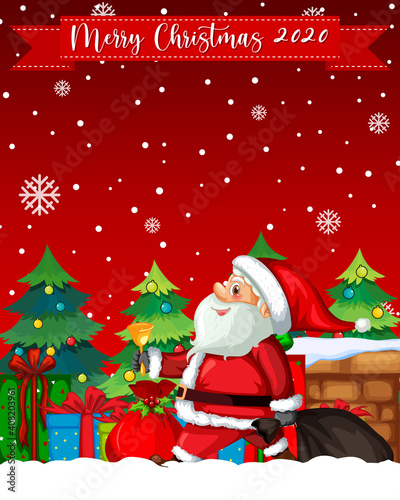 Merry Christmas 2020 font logo with santa claus cartoon character