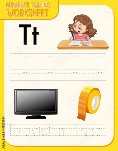 Alphabet tracing worksheet with letter T and t