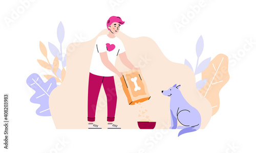Volunteer gives food to homeless dog, flat cartoon vector illustration isolated on white background. Design for animals shelter or charity volunteer organisation.