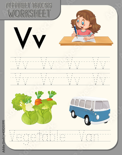 Alphabet tracing worksheet with letter V and v