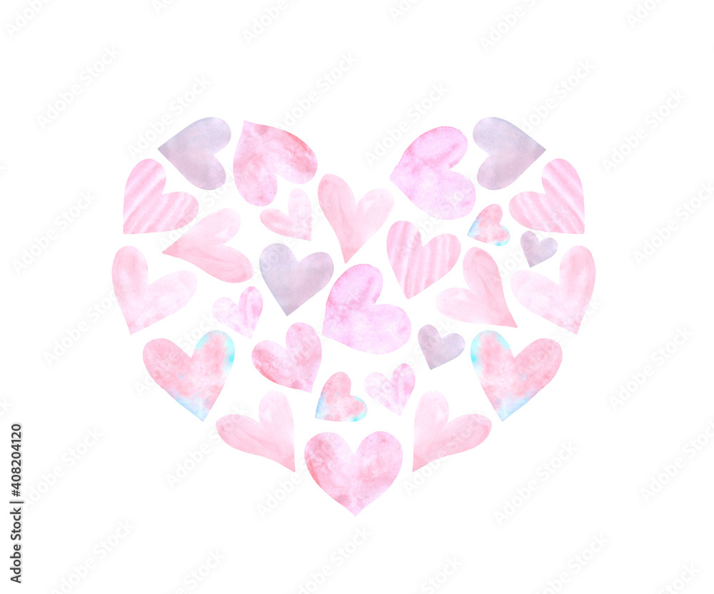 Large background Heart of small watercolor hearts. Hand drawn. Love romance theme for birthday, Valentine's day, greeting card, wedding, wrapping paper Large background Heart of small watercolor hearts. Hand drawn. Love romance theme for birthday, Valentine's day, greeting card, wedding, wrapping paper
